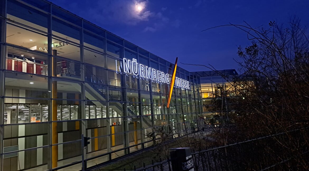 NuernbergMesse logo 3D backlit and sidelit, somewhere on one of the Messe buildings