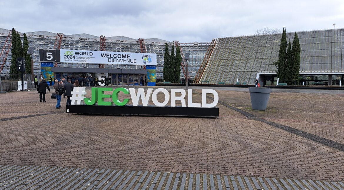 #JECWORLD branding on the Paris Nord Villepinte exhbition grounds with the halls on the background